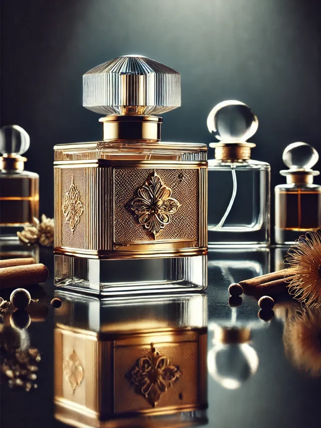 DALL·E 2024-09-03 09.38.00 - A luxurious perfume bottle displayed elegantly on a reflective surface. The bottle is crafted from high-quality crystal, with intricate gold detailing